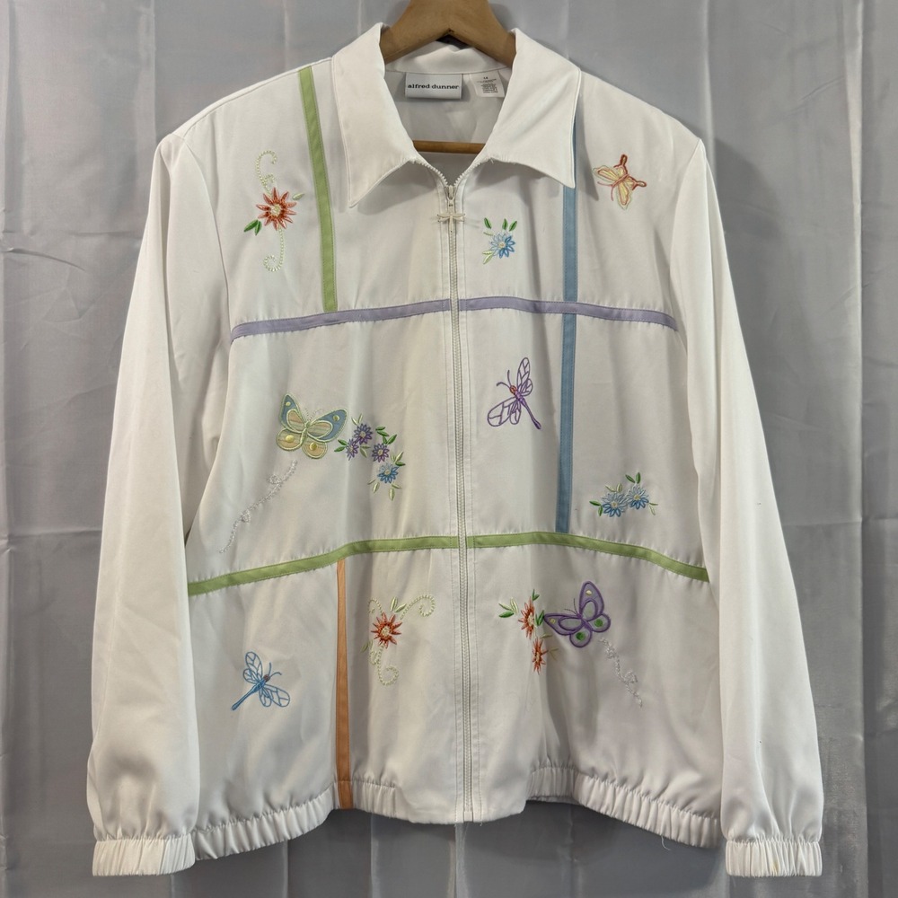 Alfred Dunner Womens White Embroidered Butterfly Dragonfly Zip Up Jacket Size 14
